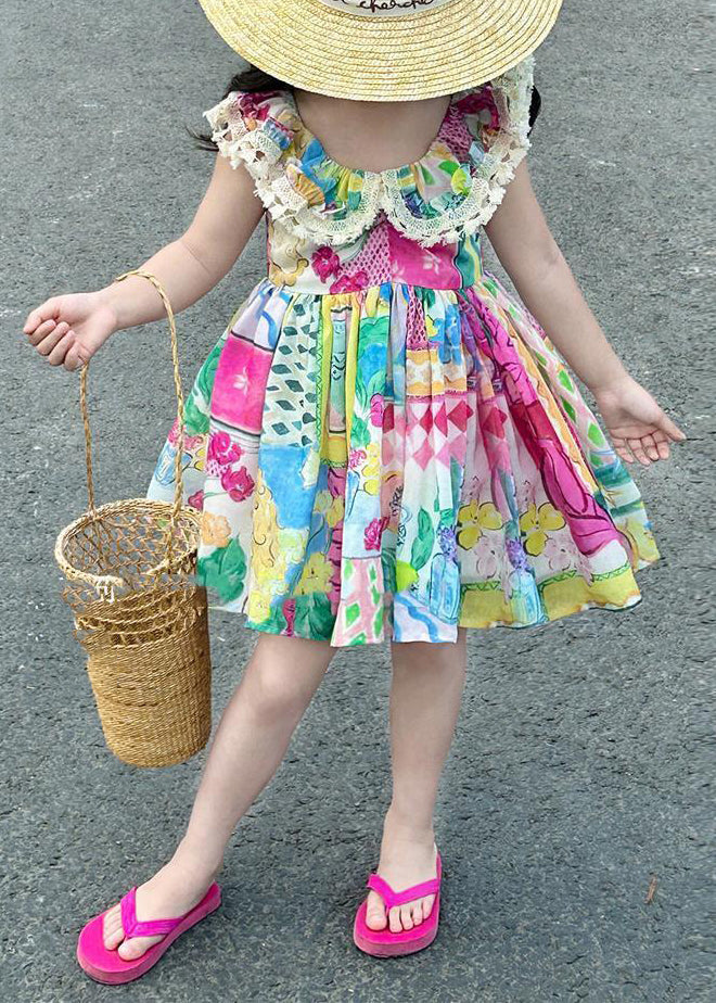 Casual O-Neck Print Patchwork Cotton Kids Mid Dress Sleeveless EW014 WS-JRTZSDM240810