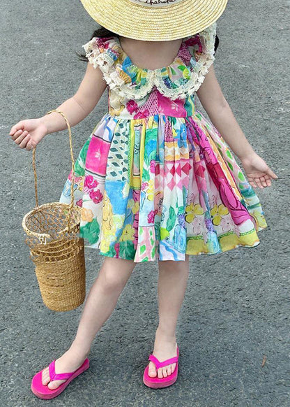Casual O-Neck Print Patchwork Cotton Kids Mid Dress Sleeveless EW014 WS-JRTZSDM240810