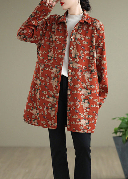 Casual Orange Peter Pan Collar Print Warm Fleece Shirts Coat Spring TI017