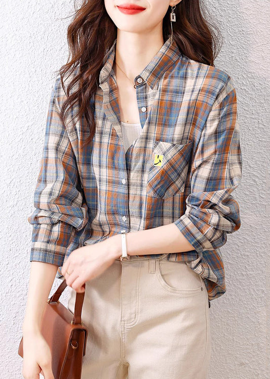 Casual Peter Pan Collar Plaid Cotton Shirts Top Spring TH036