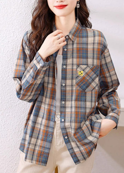 Casual Peter Pan Collar Plaid Cotton Shirts Top Spring TH036