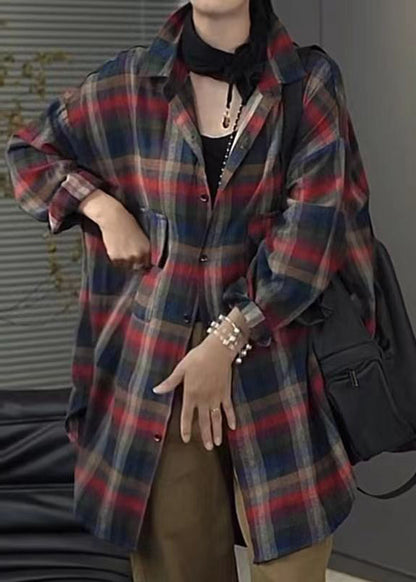 Casual Peter Pan Collar Plaid Pockets Cotton Shirt Tops Fall RU033 ABC