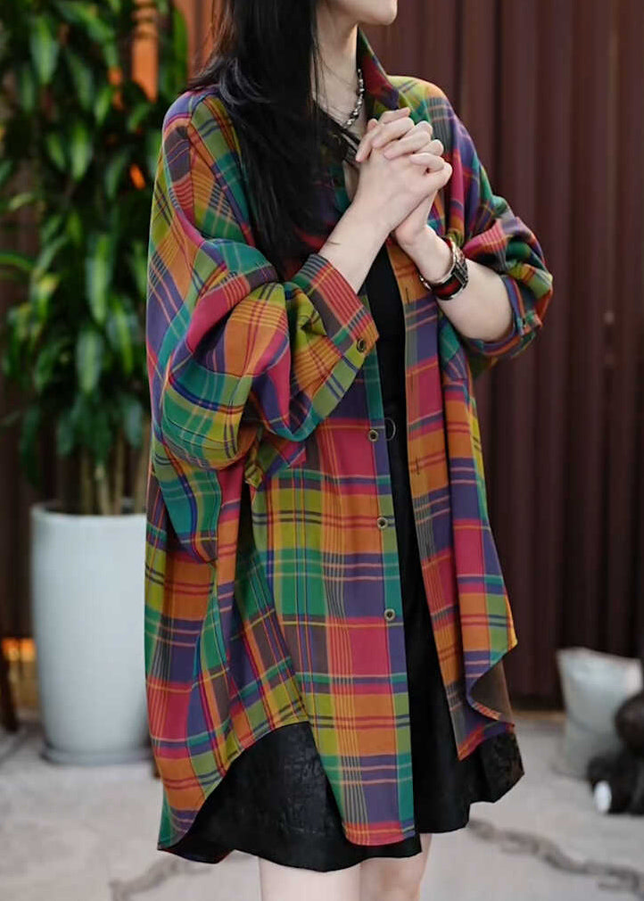 Casual Peter Pan Collar Pockets Plaid Cotton Shirts Coats Fall QL056 OM-OL241021