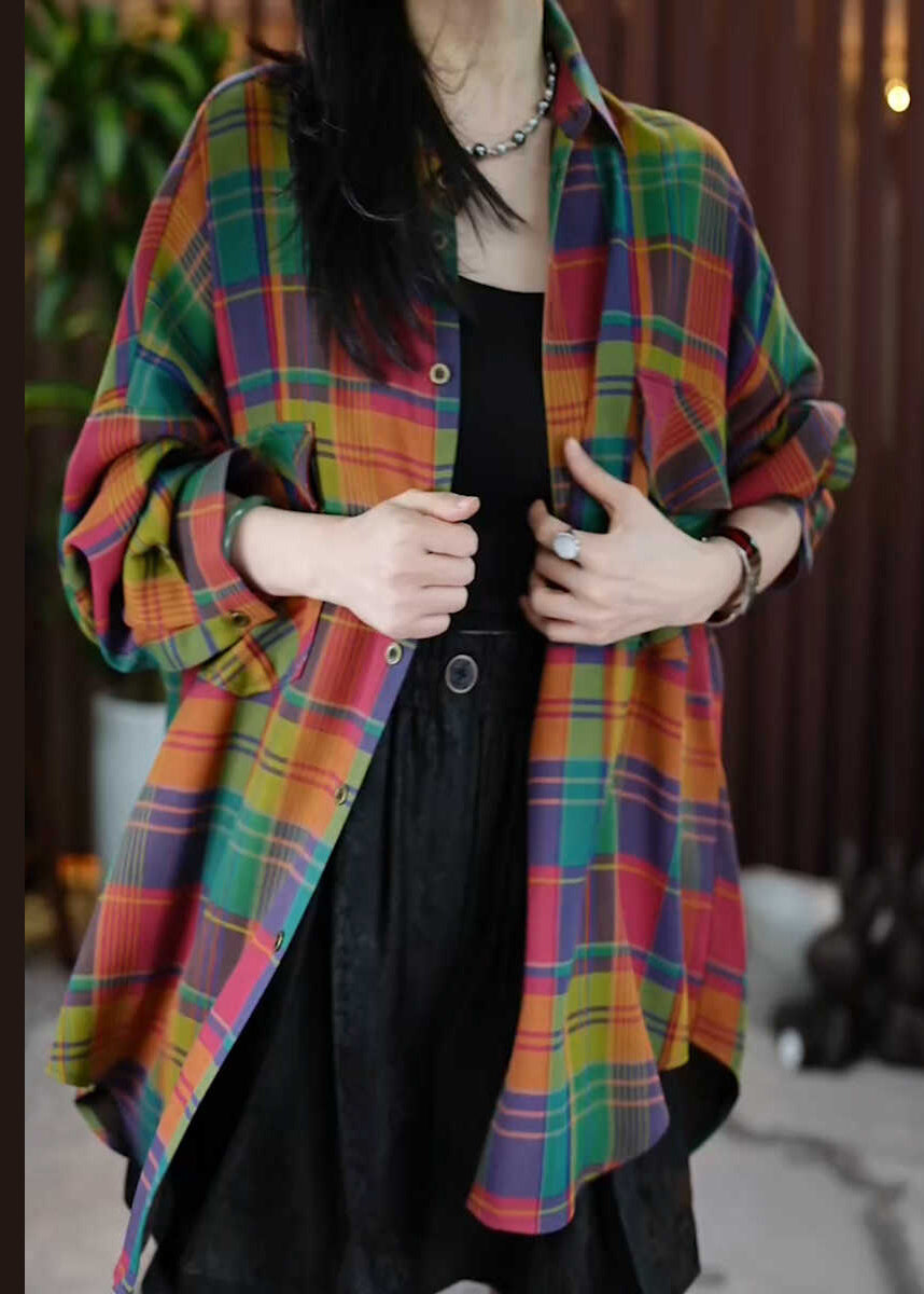 Casual Peter Pan Collar Pockets Plaid Cotton Shirts Coats Fall QL056 OM-OL241021