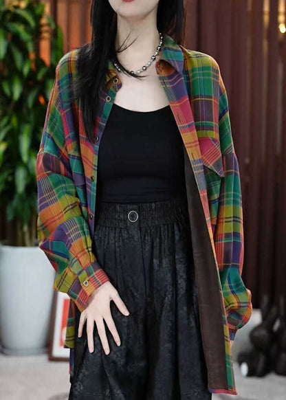 Casual Peter Pan Collar Pockets Plaid Cotton Shirts Coats Fall QL056 OM-OL241021