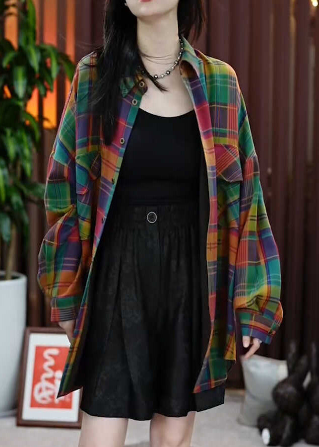 Casual Peter Pan Collar Pockets Plaid Cotton Shirts Coats Fall QL056 OM-OL241021