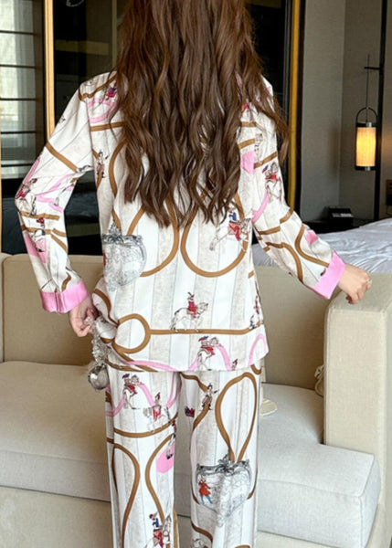 Casual Peter Pan Collar Print Button Silk Two Pieces Set Spring XS1030 Ada Fashion