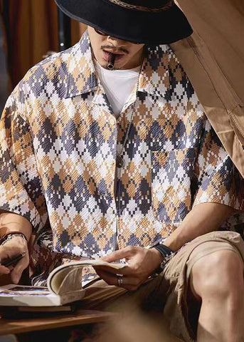 Casual Peter Pan Collar Print Cotton Mens Shirts Short Sleeve HG025 Men-Silk-MENSTP240725