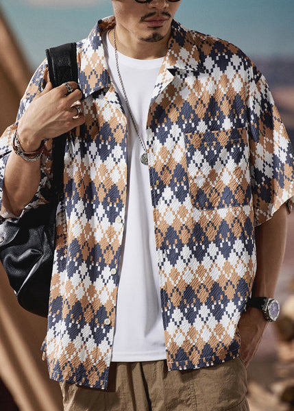 Casual Peter Pan Collar Print Cotton Mens Shirts Short Sleeve HG025 Men-Silk-MENSTP240725