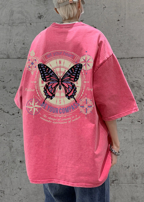 Half T Butterfly Casual Men Cotton Print Shirt Pink Oversized FashionChic