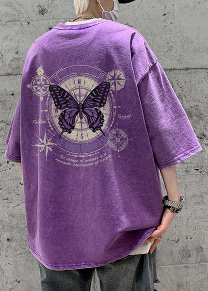 Half T Butterfly Casual Men Cotton Print Shirt Pink Oversized FashionChic