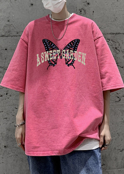 Half T Butterfly Casual Men Cotton Print Shirt Pink Oversized FashionChic