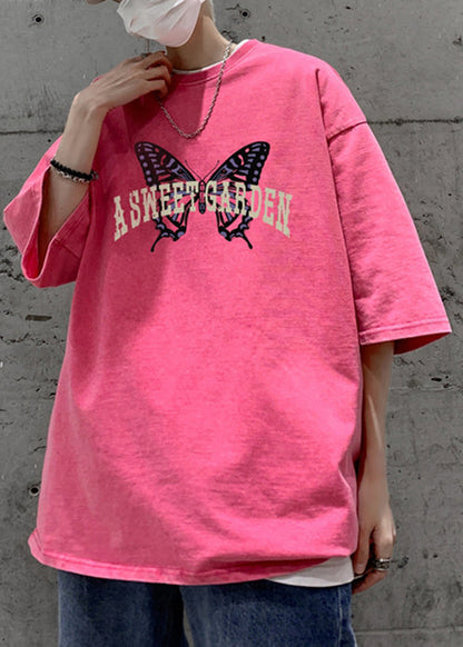 Half T Butterfly Casual Men Cotton Print Shirt Pink Oversized FashionChic