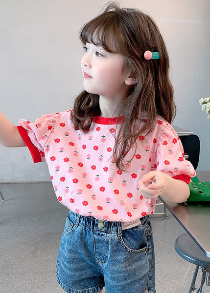 Casual Pink O Neck Print Cotton Kids Girls T Shirt Summer YU1048 WS-RCTZ-STP240529