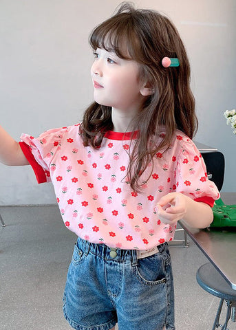Casual Pink O Neck Print Cotton Kids Girls T Shirt Summer YU1048 WS-RCTZ-STP240529
