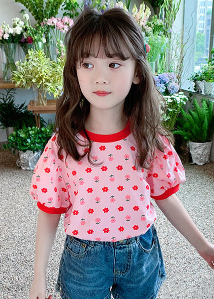 Casual Pink O Neck Print Cotton Kids Girls T Shirt Summer YU1048 WS-RCTZ-STP240529