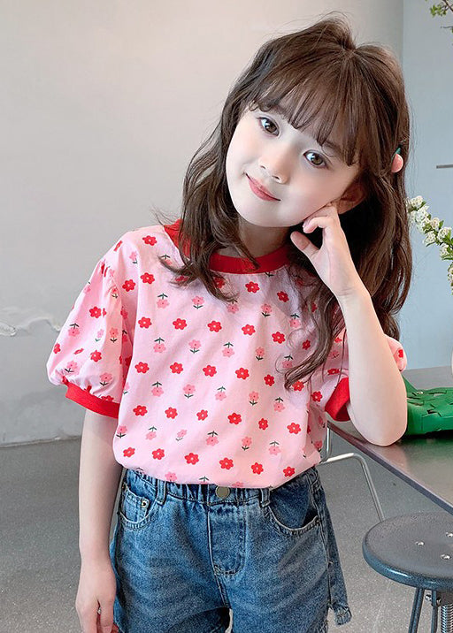Casual Pink O Neck Print Cotton Kids Girls T Shirt Summer YU1048 WS-RCTZ-STP240529