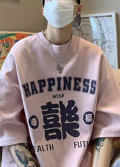 Print Sleeve Neck Casual O Pink Cotton Half Men Shirts T FashionChic