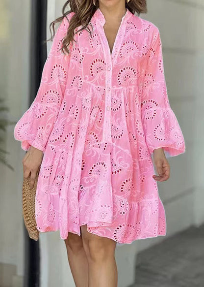 Cotton Dress Summer Oversized Sun Pink Hollow Out Casual FashionChic