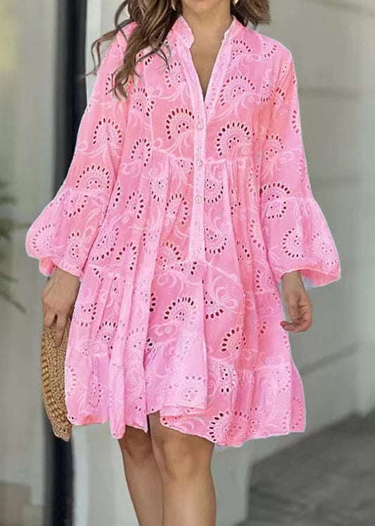 Cotton Dress Summer Oversized Sun Pink Hollow Out Casual FashionChic