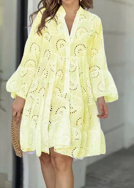 Cotton Dress Summer Oversized Sun Pink Hollow Out Casual FashionChic