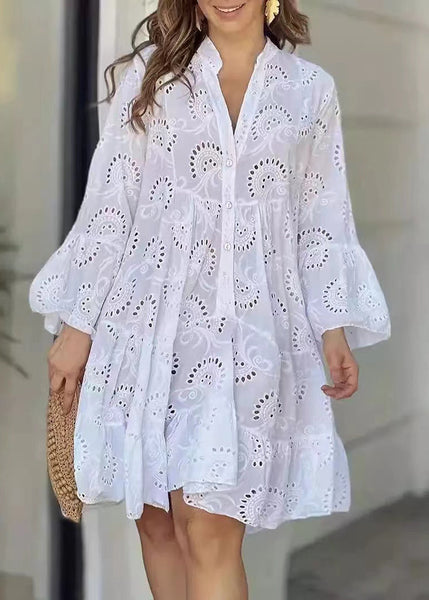 Cotton Dress Summer Oversized Sun Pink Hollow Out Casual FashionChic