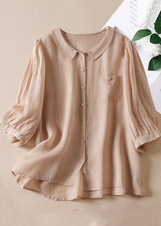 Casual Pink Peter Pan Collar Button Linen Shirt Bracelet Sleeve AM1069 Genistyle Shop