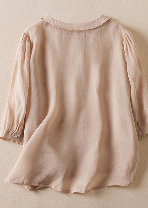 Casual Pink Peter Pan Collar Button Linen Shirt Bracelet Sleeve AM1069 Genistyle Shop