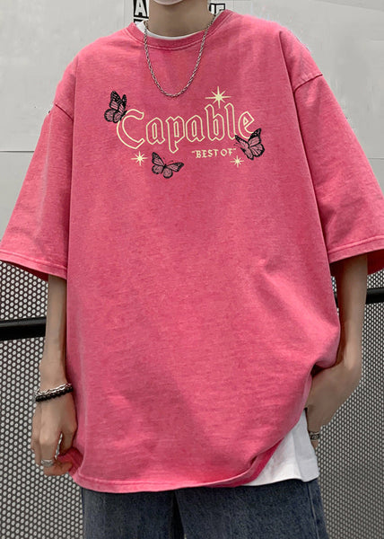 Casual Pink Print Loose Cotton Mens T Shirts Half Sleeve LK069 Men-Silk-MENT240630