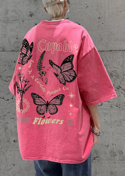 Casual Pink Print Loose Cotton Mens T Shirts Half Sleeve LK069 Men-Silk-MENT240630