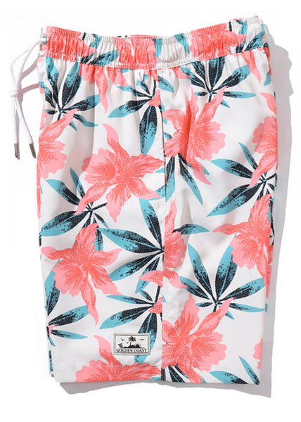 Waist Elastic Print Casual Summer Pockets Cotton Shorts Mens Pink FashionChic