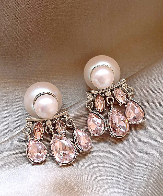 Casual Pink Sterling Silver Inlaid Crystal Pearl Tassel Stud Earrings QQ021 JEW-EAR240811