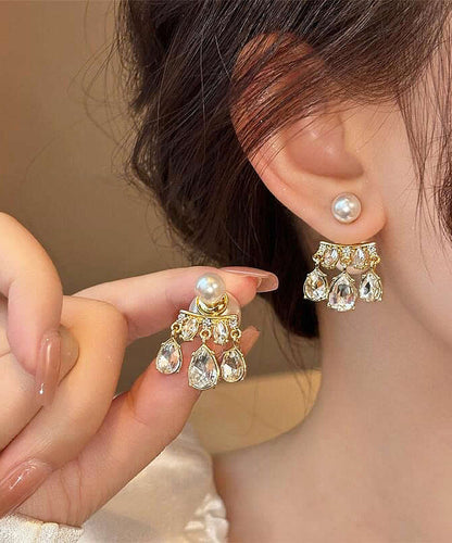 Casual Pink Sterling Silver Inlaid Crystal Pearl Tassel Stud Earrings QQ021 JEW-EAR240811