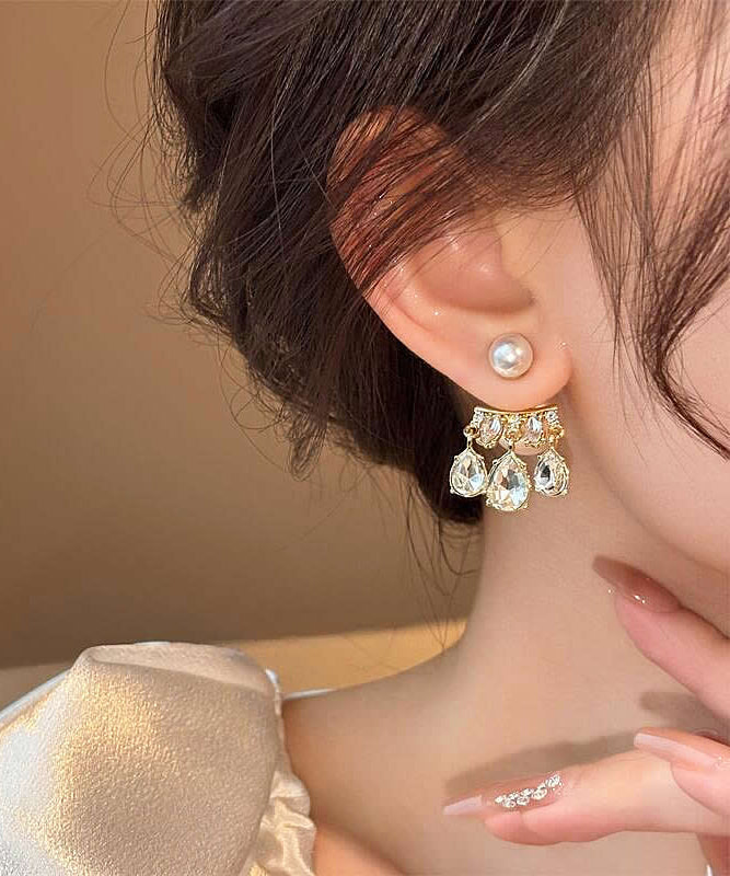 Casual Pink Sterling Silver Inlaid Crystal Pearl Tassel Stud Earrings QQ021 JEW-EAR240811