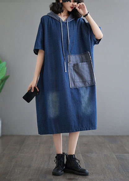 Casual Plus Size Blue Hooded Patchwork Denim Dress Summer AP074 GK-SDL240718
