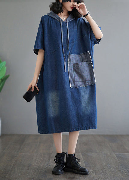 Casual Plus Size Blue Hooded Patchwork Denim Dress Summer AP074 GK-SDL240718