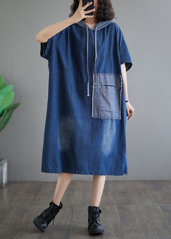Casual Plus Size Blue Hooded Patchwork Denim Dress Summer AP074 GK-SDL240718