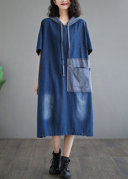 Casual Plus Size Blue Hooded Patchwork Denim Dress Summer AP074 GK-SDL240718
