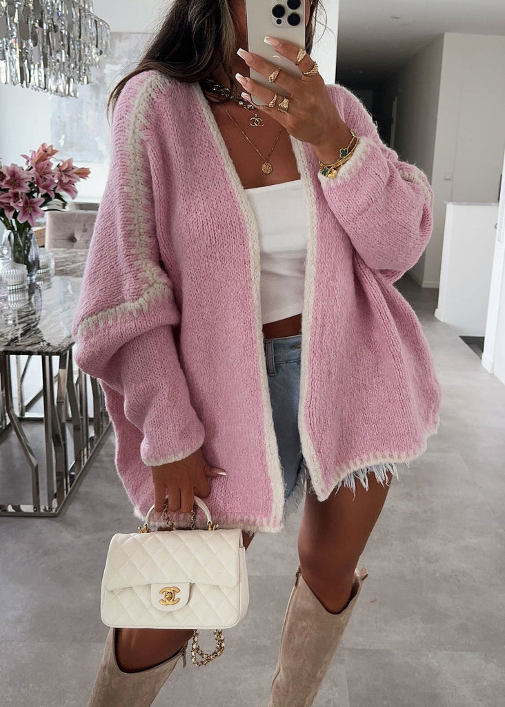 Casual Plus Size Pink V Neck Knit Loose Cardigans Fall QY026 BB-ZS-WM-NCT241002