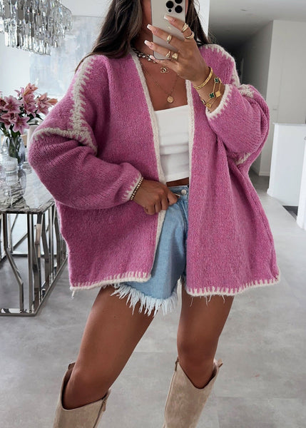 Casual Plus Size Pink V Neck Knit Loose Cardigans Fall QY026 BB-ZS-WM-NCT241002