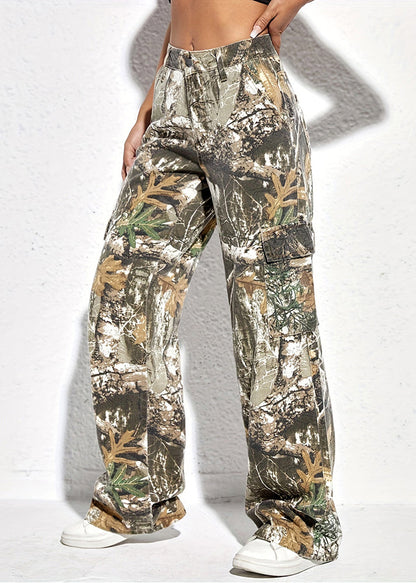 Pockets Casual Print Spring Pants Waist High Cotton FashionChic