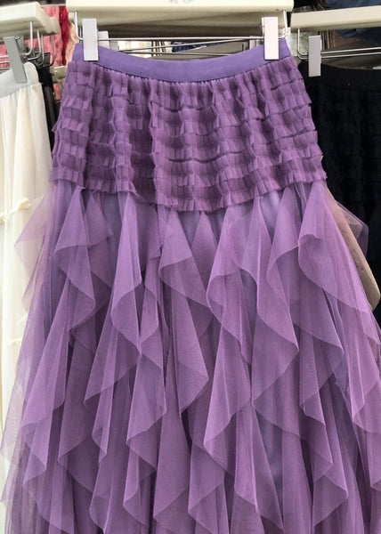 Waist Purple Casual Asymmetrical Elastic A Line Tulle Patchwork FashionChic