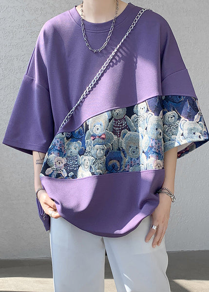 Men Neck Cotton O T Summer Purple Patchwork Shirt Casual FashionChic