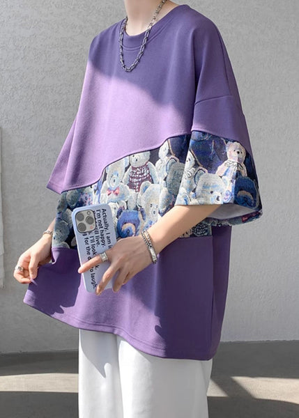 Men Neck Cotton O T Summer Purple Patchwork Shirt Casual FashionChic