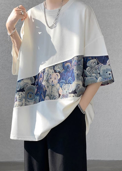 Men Neck Cotton O T Summer Purple Patchwork Shirt Casual FashionChic