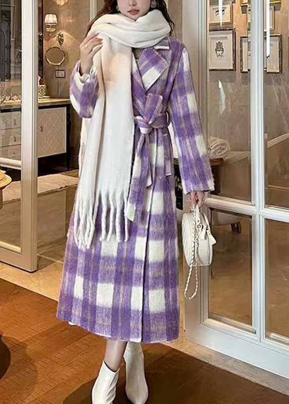 Casual Purple Pockets Plaid Patchwork Long Woolen Coats Winter RD001 ABC