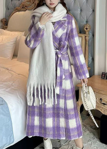 Casual Purple Pockets Plaid Patchwork Long Woolen Coats Winter RD001 ABC