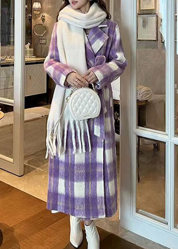 Casual Purple Pockets Plaid Patchwork Long Woolen Coats Winter RD001 ABC