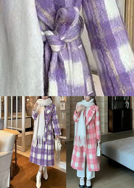 Casual Purple Pockets Plaid Patchwork Long Woolen Coats Winter RD001 ABC