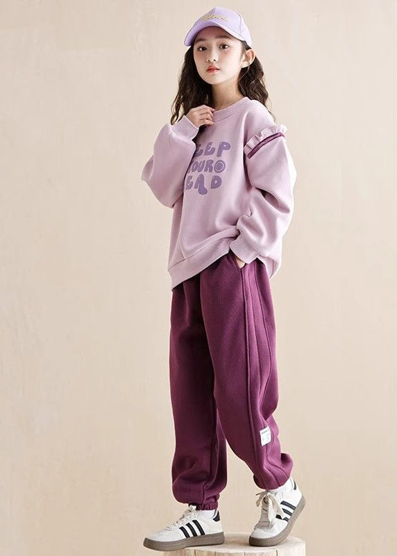 Casual Purple Ruffled Patchwork Kids Warm Fleece Sweatshirt And Beam Pants Two Piece Set Spring TR010 ABC